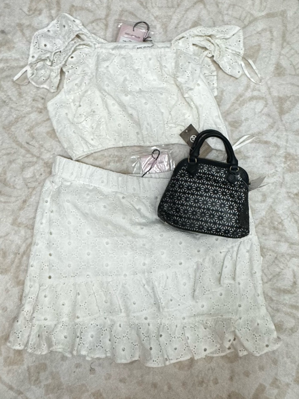 White Eyelet Mini Dress Set with Black Patterned Mini Bag